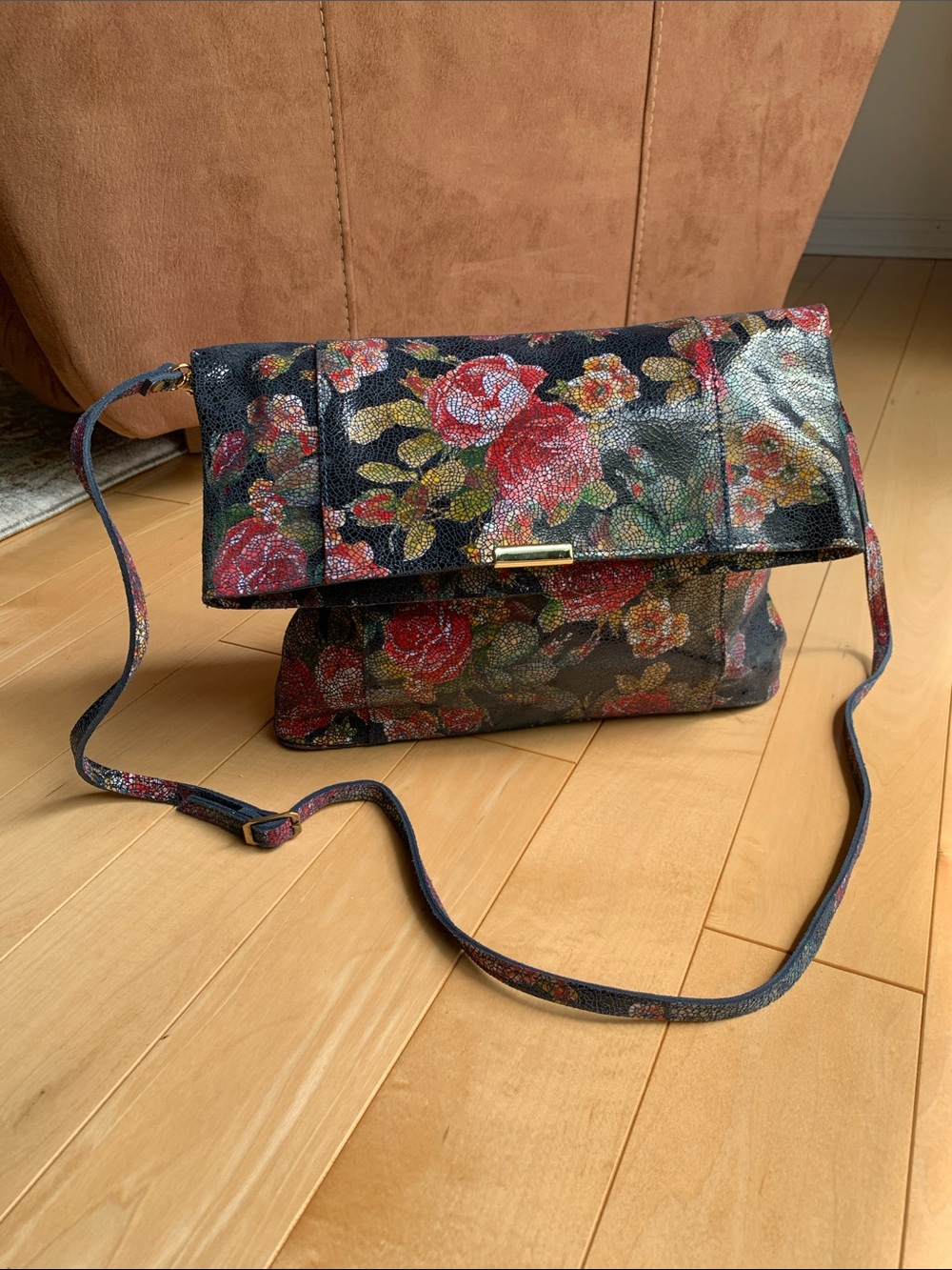 Floral Foldover Crossbody Bag in Black and Red Rose Print